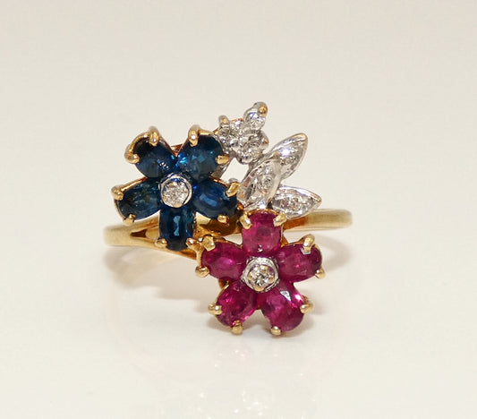 14K Gold Ruby, Sapphires, & Diamond Flower Ring