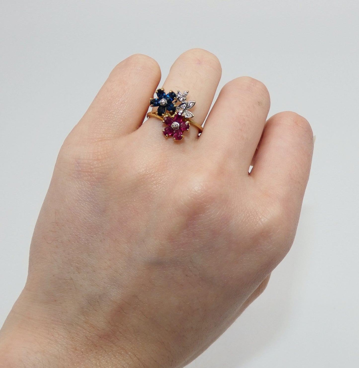14K Gold Ruby, Sapphires, & Diamond Flower Ring