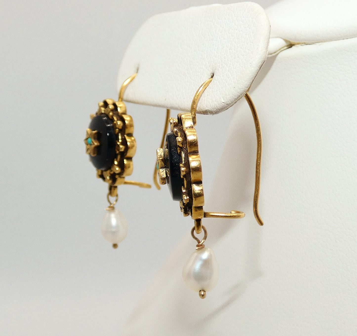 14K Gold Onyx, Pearl, & Turquoise Earrings