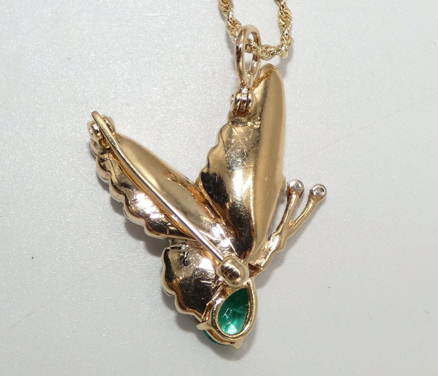 14K Gold Butterfly Pin/ Pendant with Emerald & Diamonds