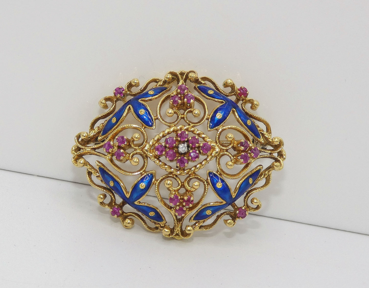 18K Gold Enamel Pin with Rubies & Diamonds