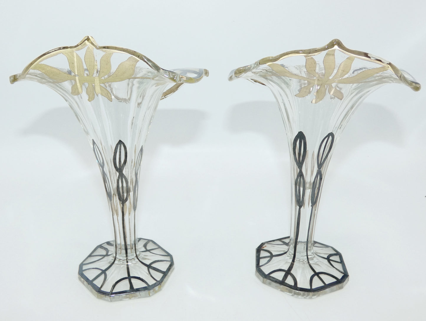 Art Deco Jack in the Pulpit Silver Deposit Pair of Vases