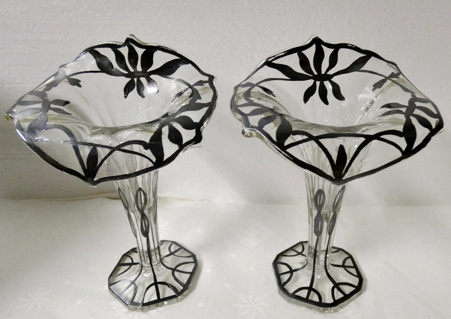 Art Deco Jack in the Pulpit Silver Deposit Pair of Vases