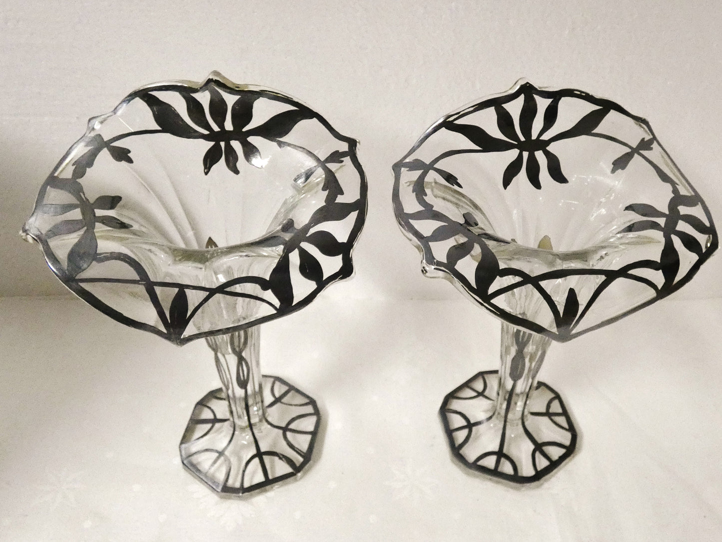 Art Deco Jack in the Pulpit Silver Deposit Pair of Vases